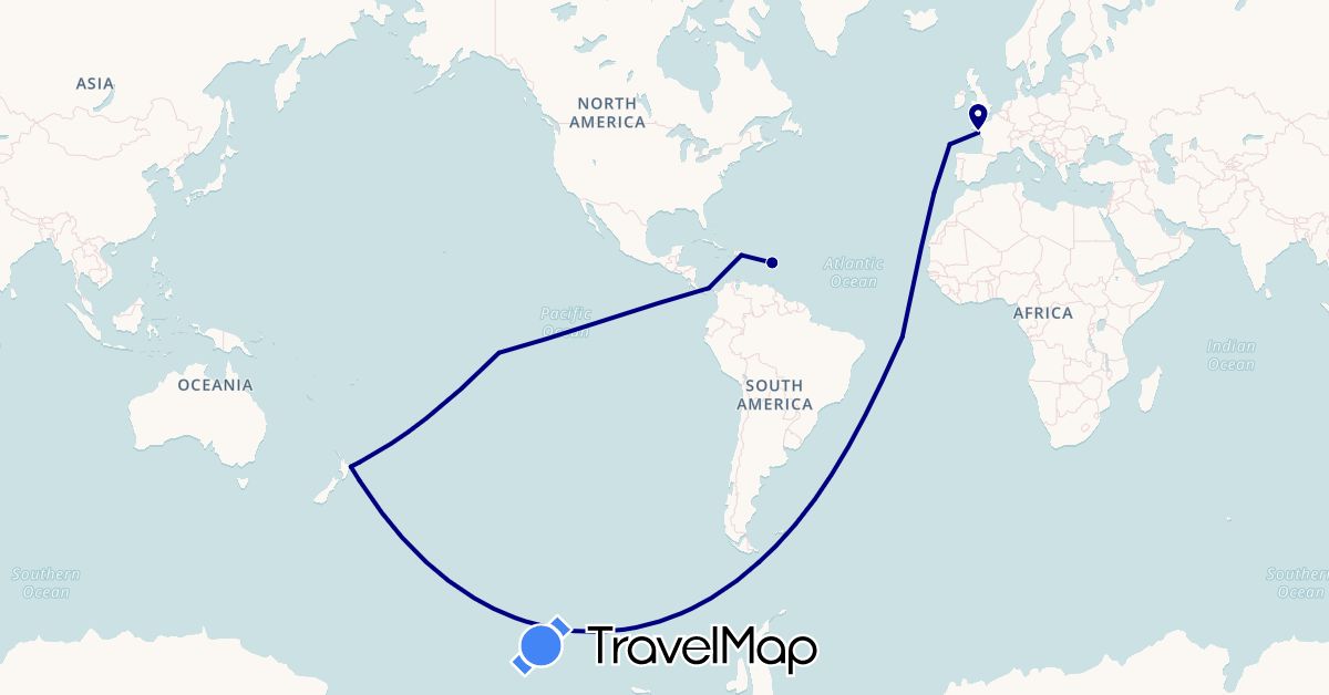 TravelMap itinerary: driving in Dominican Republic, France, New Zealand, Panama (Europe, North America, Oceania)